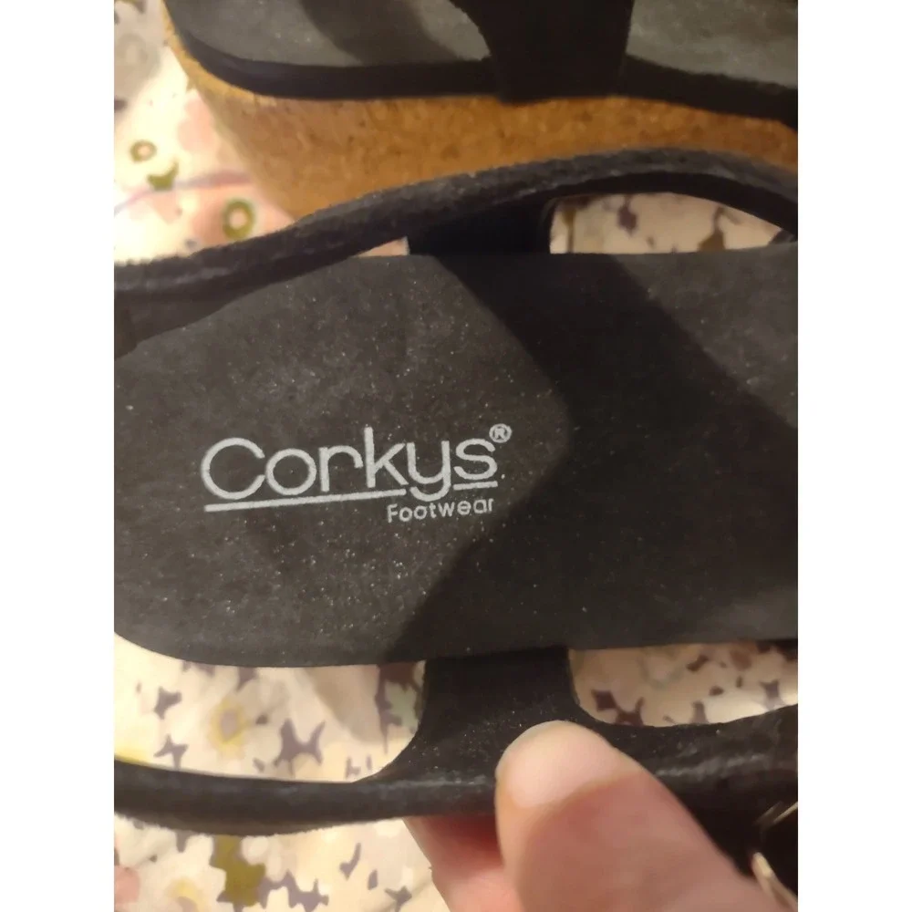 Corkys All In Black Faux Suede Cork Wedge Sandals Ankle Strap‎ Womens 10